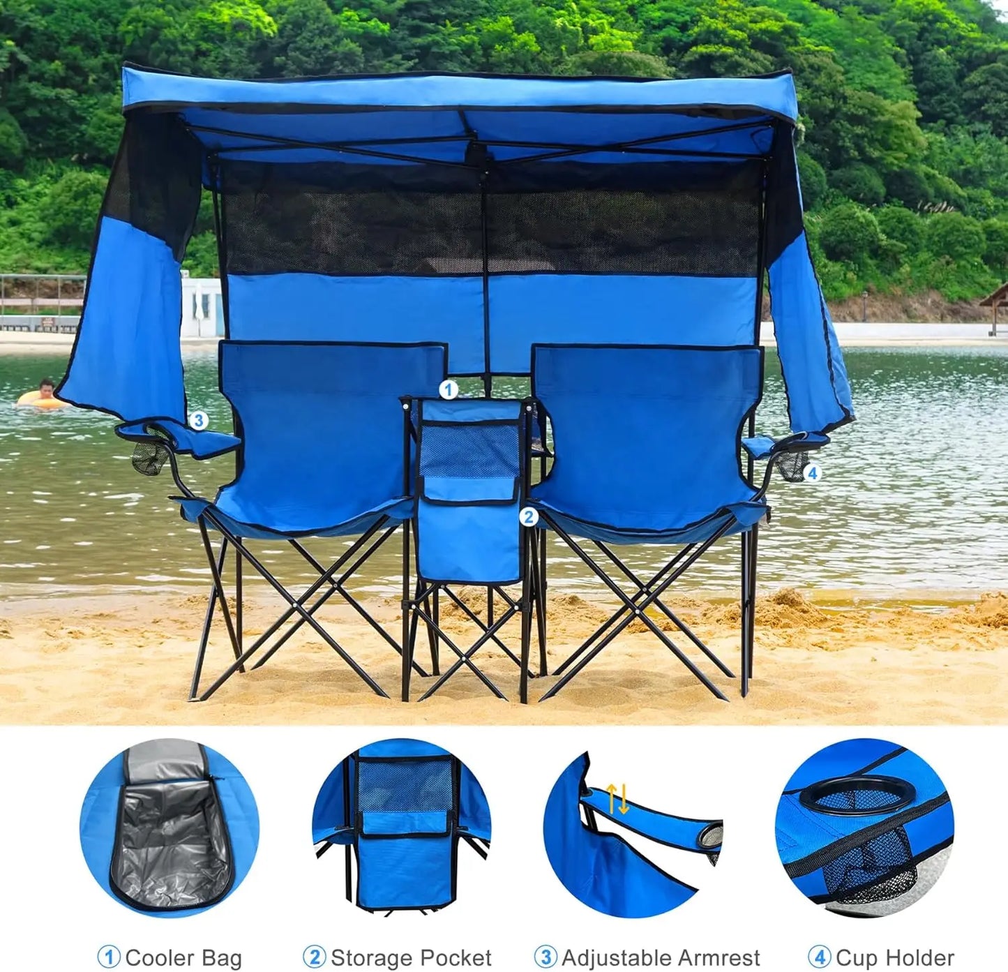 Folded Double Beach Chair With Canopy Shade For Outdoors