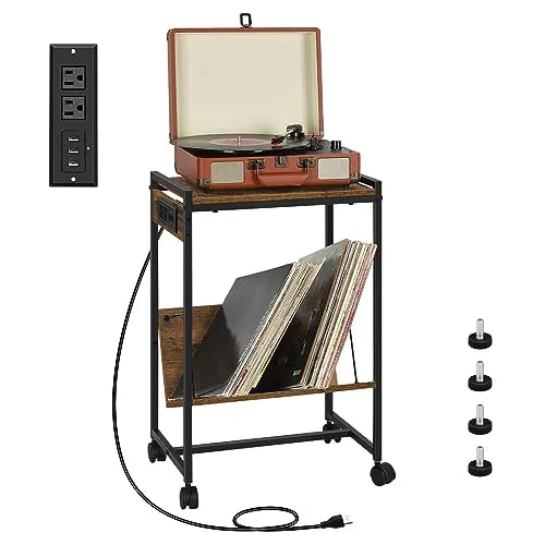 Record Player Stand with Vinyl Storage Side Table and Charging Station 2 Tier Rolling Record Player Table for Living Room