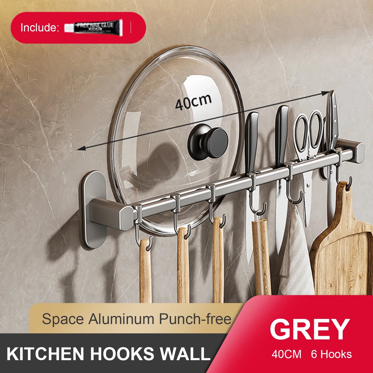 RUITHOEC Wall Mounted Kitchen Hook Rack No Punching Rail