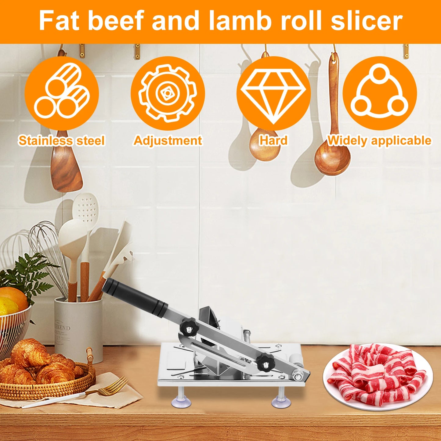 Stainless Steel Meat Slicer with Adjustable Thickness and Suction Cups