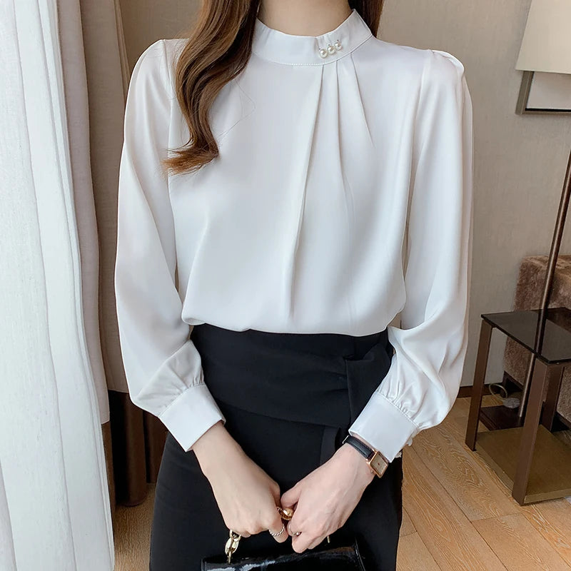 CN Guangdong Satin Blouse Women Long Sleeve Beading Collar