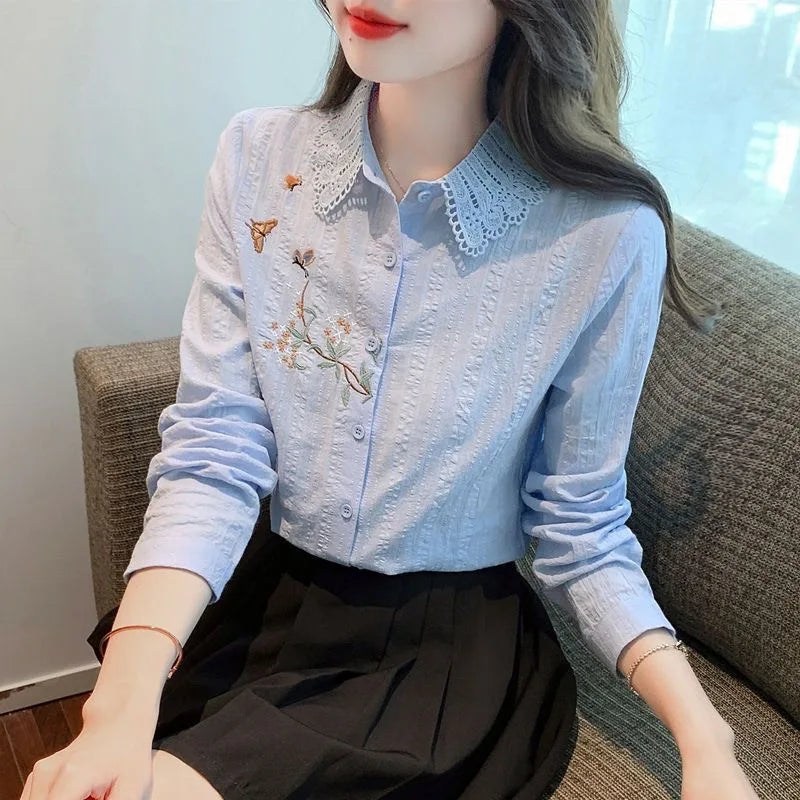 Guangdong Embroidered Womens Blouses Long Sleeve Collar