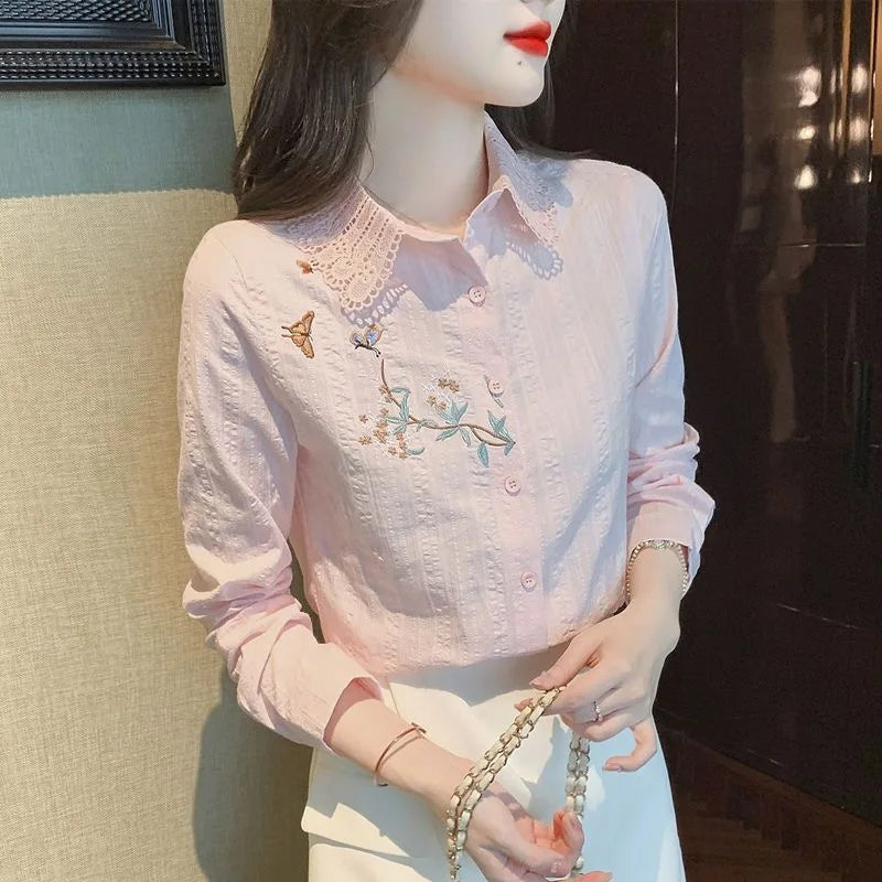 Guangdong Embroidered Womens Blouses Long Sleeve Collar