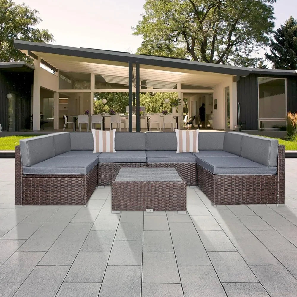 7 Piece Outdoor Patio Furniture Set with Cushions PE Rattan Wicker Sectional Conversation for Garden Deck Poolside