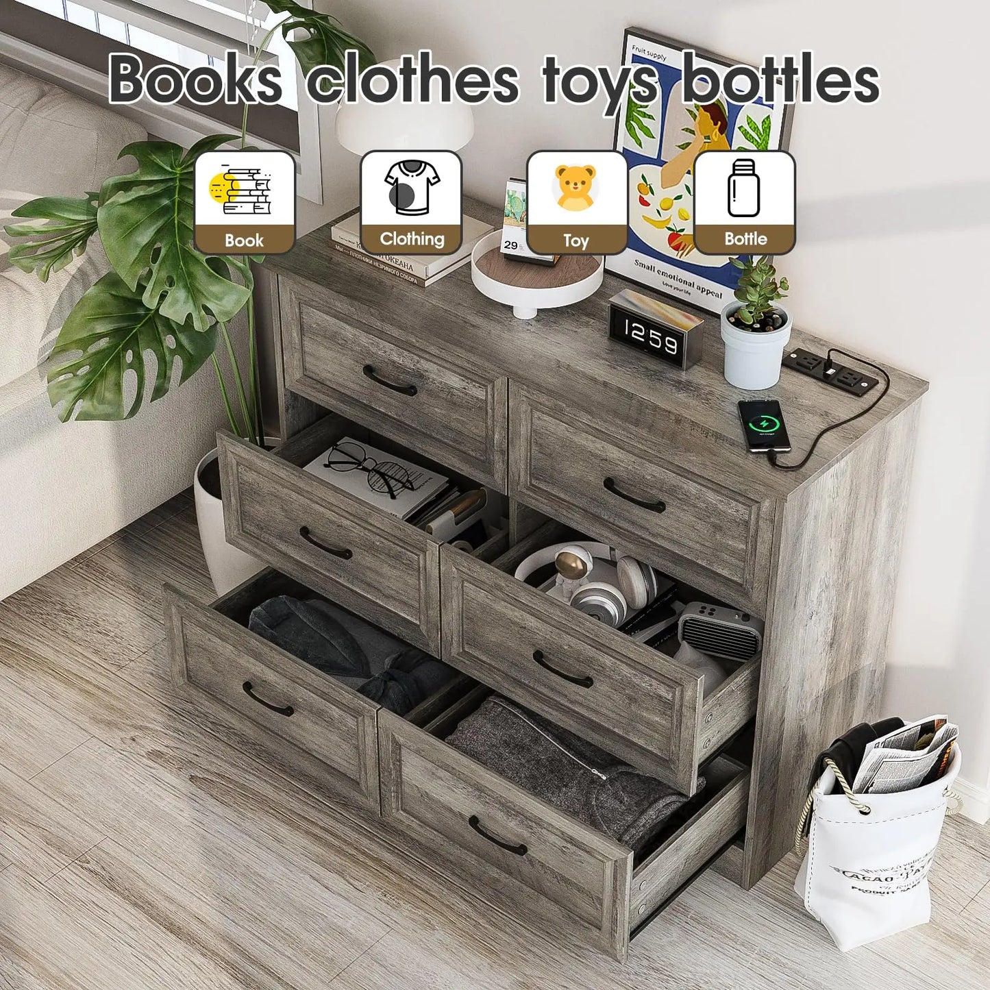 Vabches 6 Drawer Dresser For Bedroom With Power Strip
