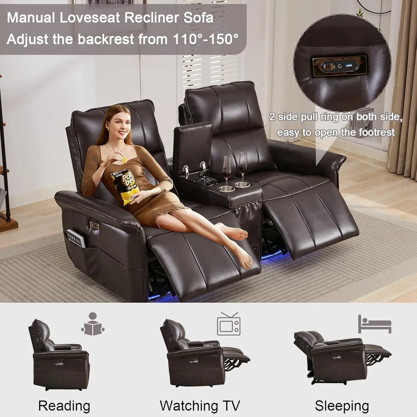 Electric Power Reclining Loveseat Sofa with Cup Holders