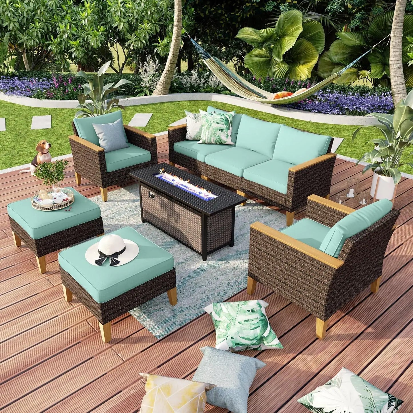 9 Piece Wicker Patio Furniture Set with 56 Inch Fire Pit Table All Weather PE Rattan Patio Sectional Sofa Conversation Set