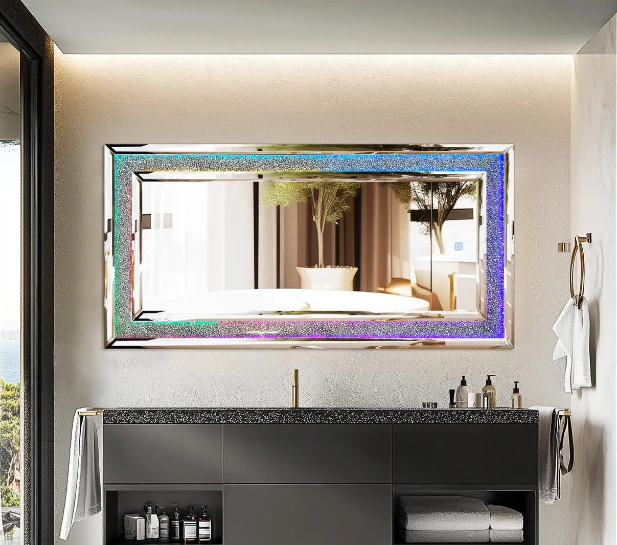 120x60cm LED Full Length Mirror with 7 Colors RGB Lights and Crushed Diamond Design for Living Room and Bedroom