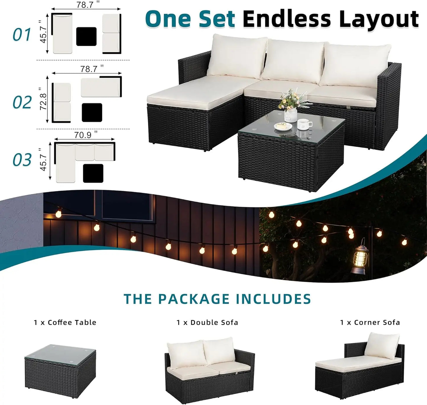 All Weather Outdoor PE Rattan Patio Conversation Sofa Set 3 Piece with Glass Coffee Table Garden Furniture Sets