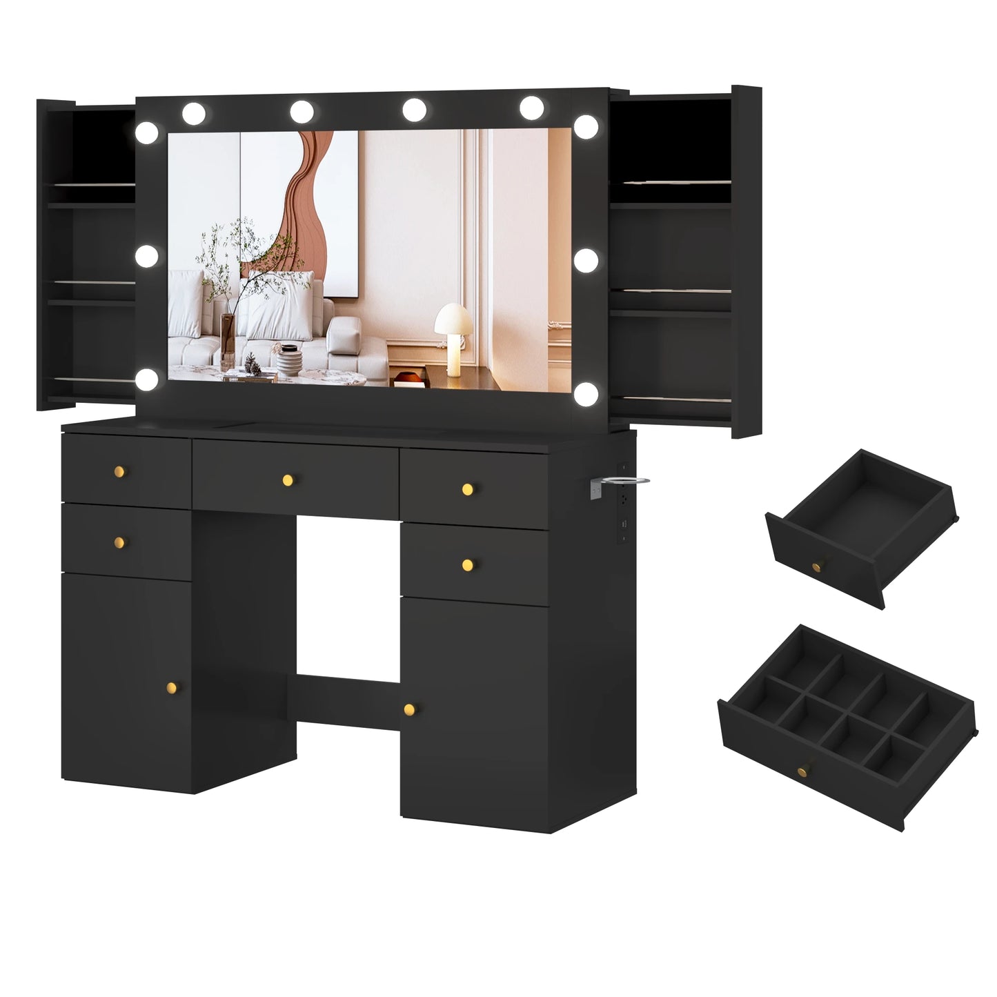 QiaoShiRen Vanity Desk With Lighted Mirror And Power Outlet