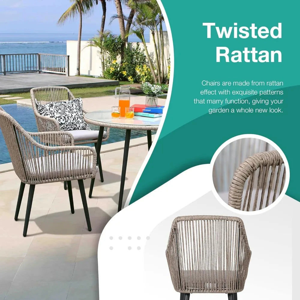 Modern Outdoor Dining Chairs Set of Two Woven Rope Rattan