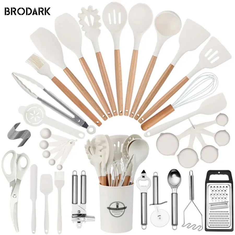 44PCS Premium Silicone Kitchen Utensil Set With Wooden Handles Heat Resistant Non Stick Friendly Cooking Tools