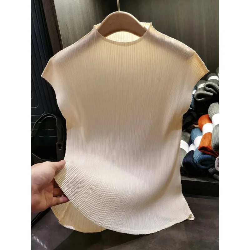 YUDXCN Women Pleated Top with Stand Up Collar
