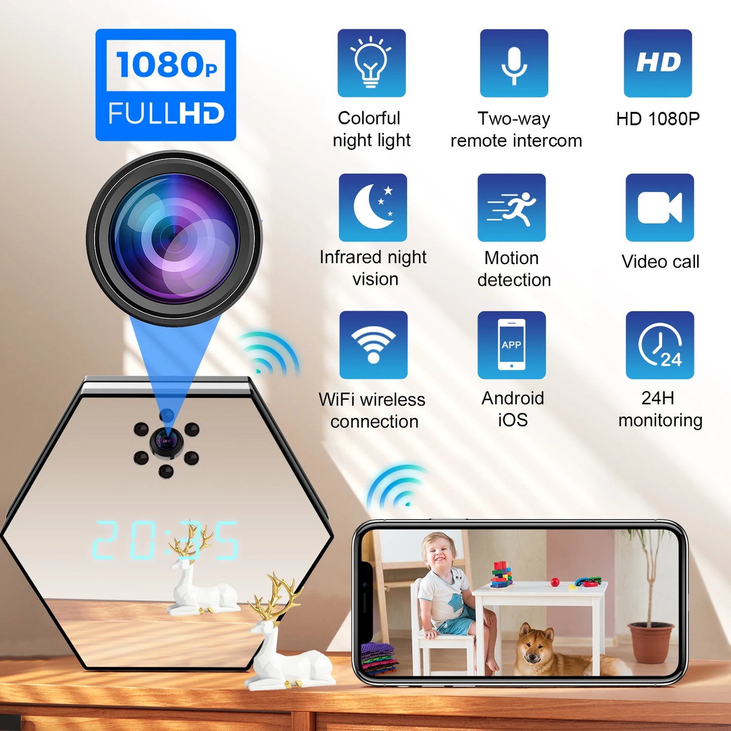 Indoor Home Surveillance Camera Wireless HD Night Vision Remote Network Caretaker 1080P