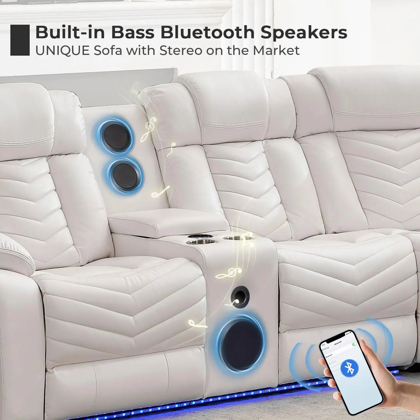 Todrani Power Recliner Sectional Sofa Bass Speakers Led
