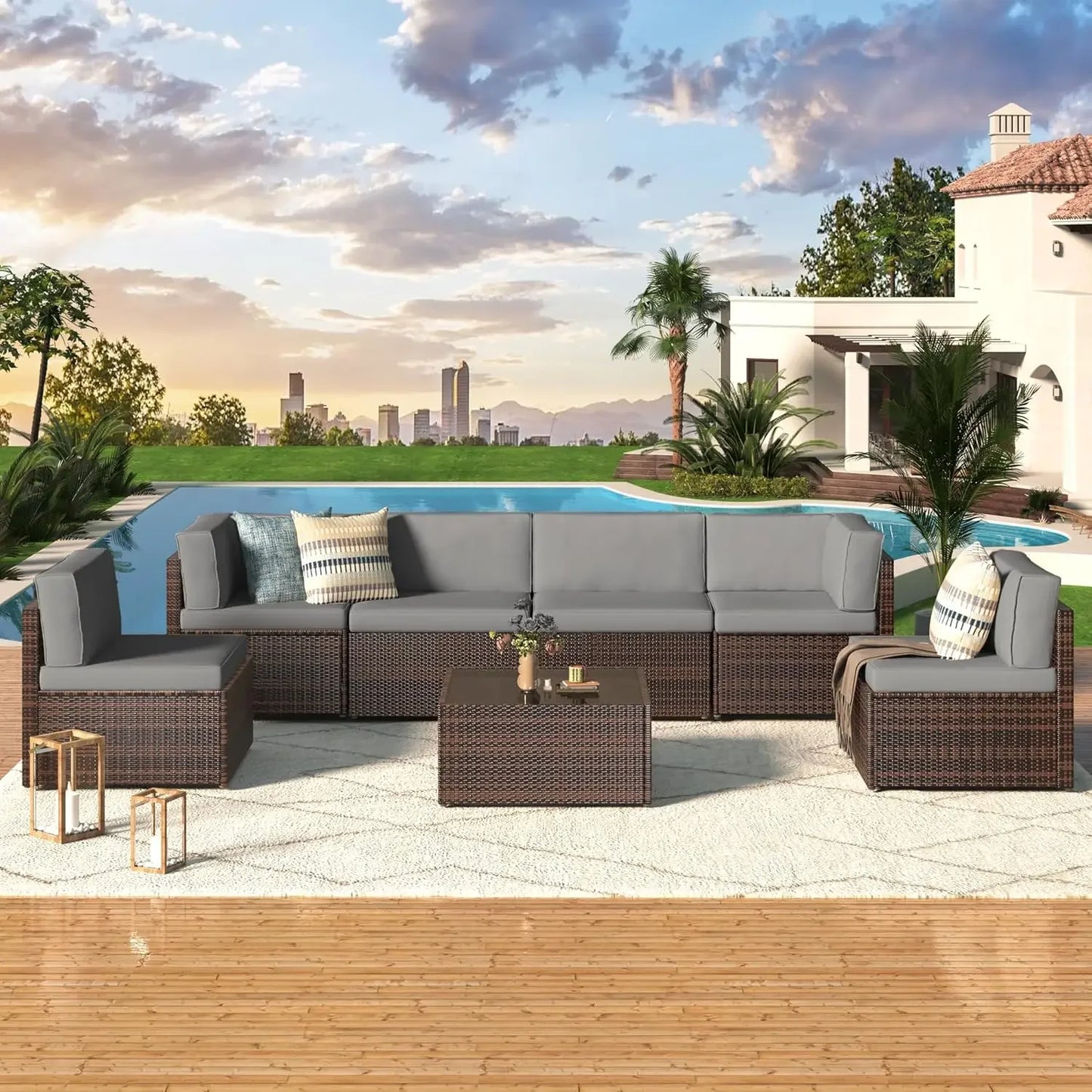 7 Piece Outdoor Patio Furniture Set PE Rattan Grey Wicker Sectional Chair Set with Cushion