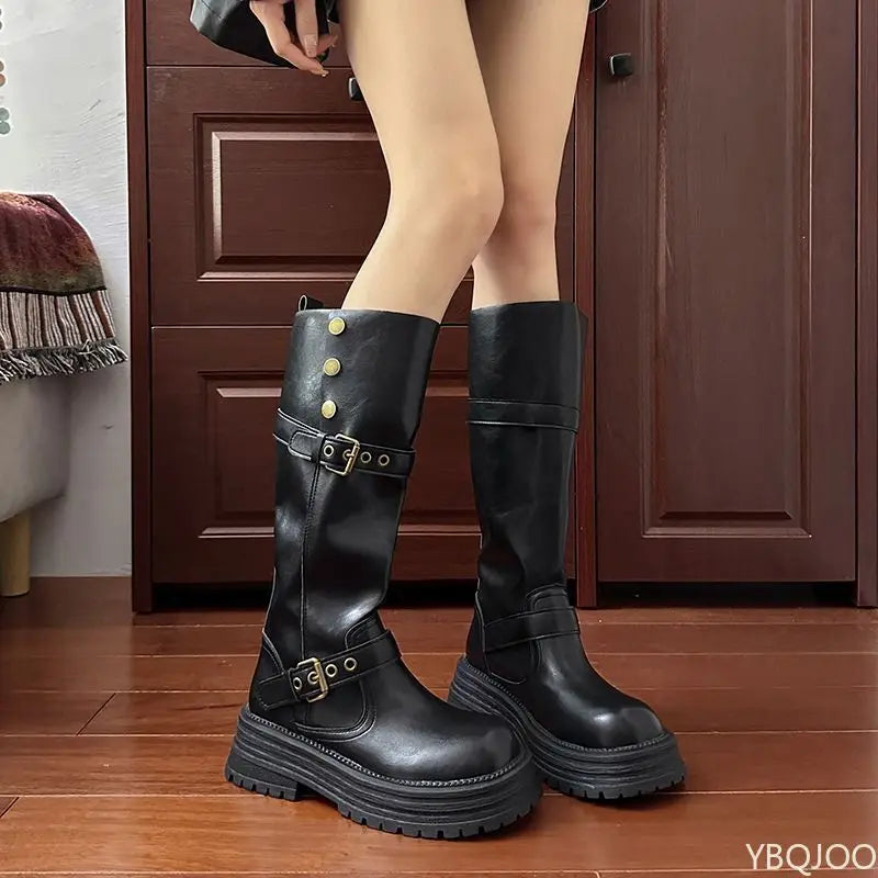 YBQJOO Vintage Square Toe Low Heel Knee High Boots Platform