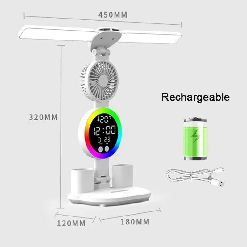 Rechargeable LED Table Lamp with Clock and Fan Features