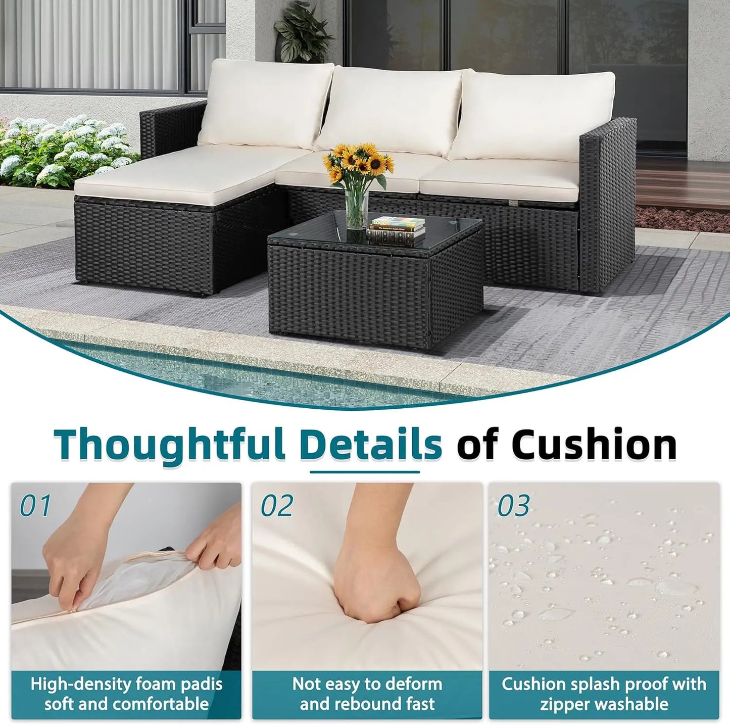 All Weather Outdoor PE Rattan Patio Conversation Sofa Set 3 Piece with Glass Coffee Table Garden Furniture Sets