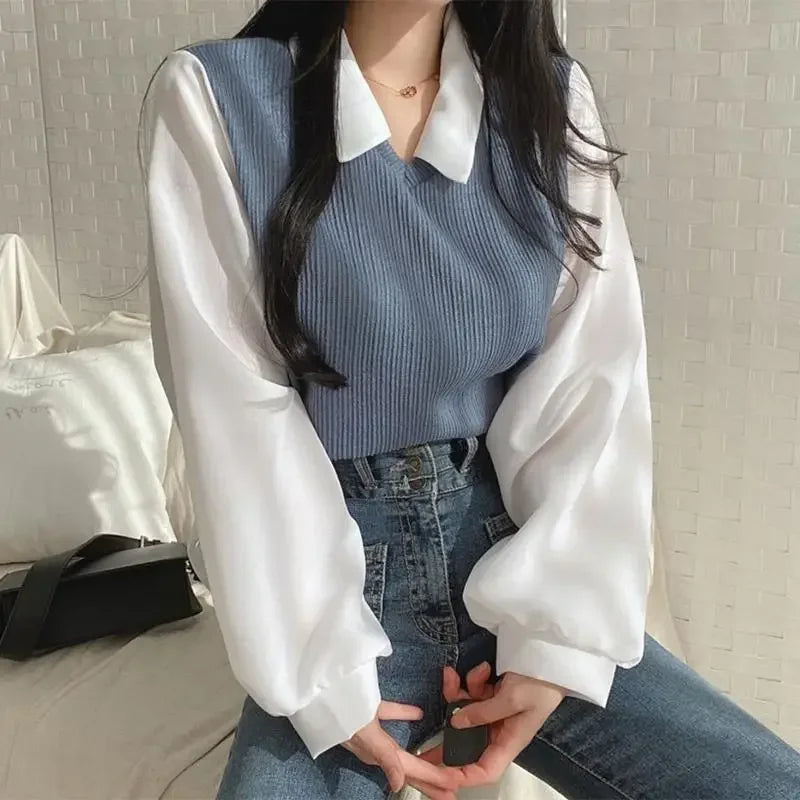 CN False Two Piece Polo Collar Women Blouse Spring Casual