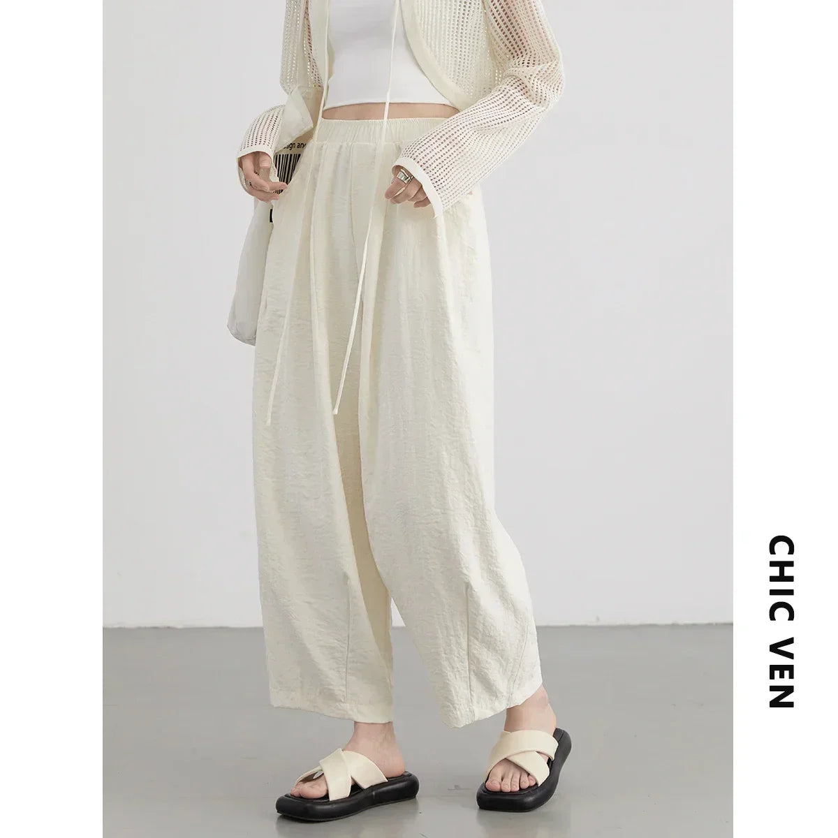 Chic Ven Pleated Wide Leg Women Pants With Elastic Waist