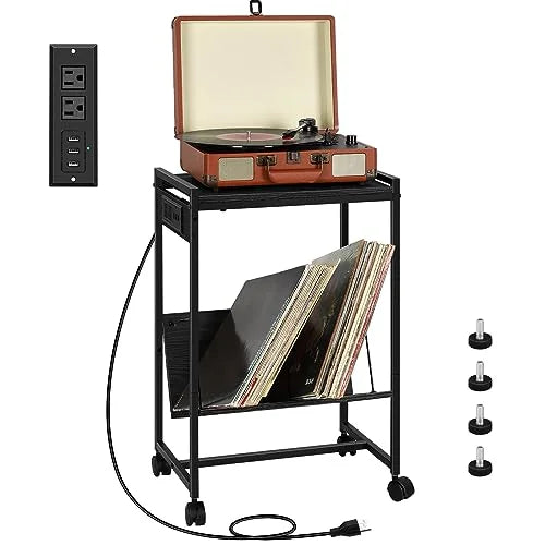 Record Player Stand with Vinyl Storage Side Table and Charging Station 2 Tier Rolling Record Player Table for Living Room