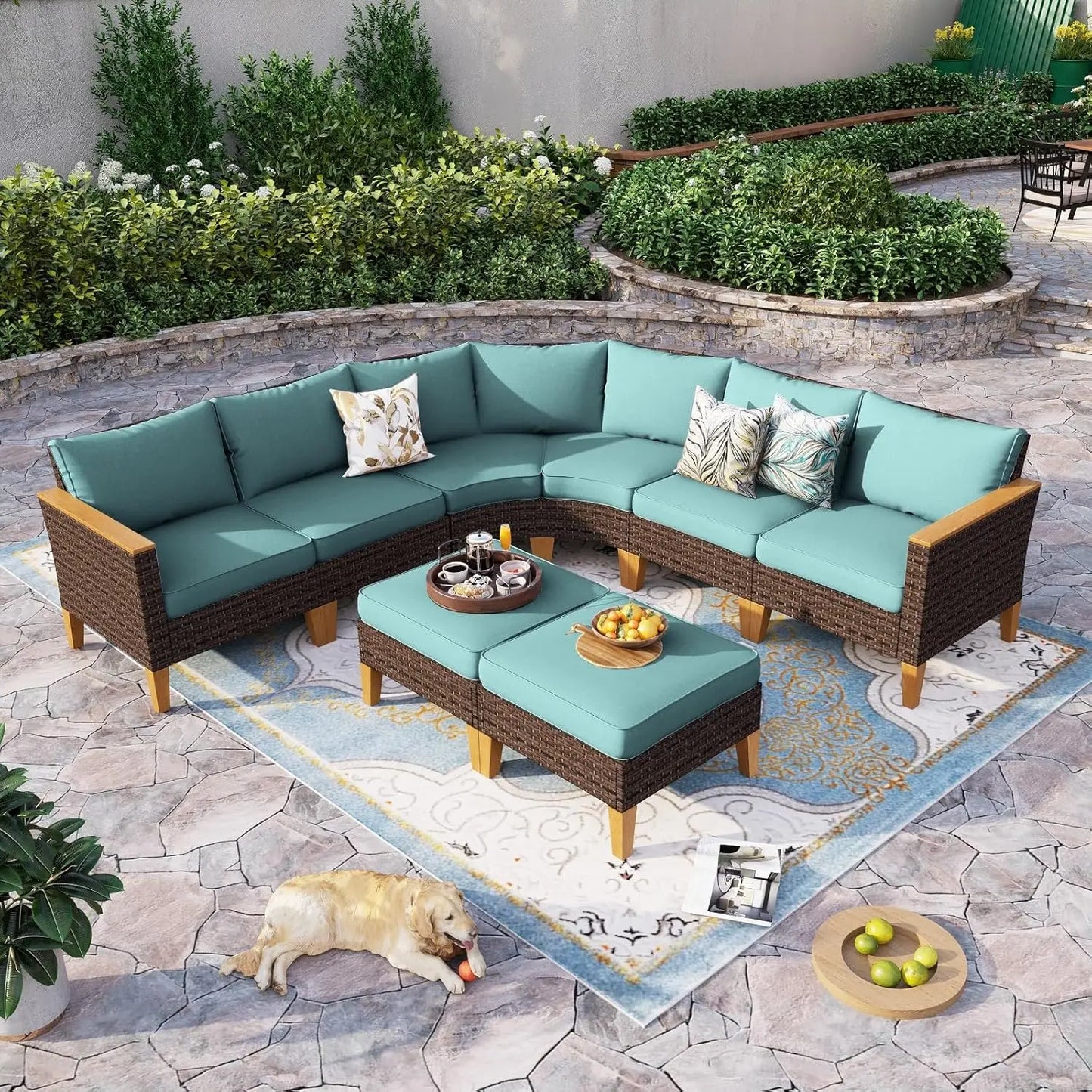 12 Piece Curved Outdoor Sectional Sofa Set Rattan Patio Conversation Set Beige