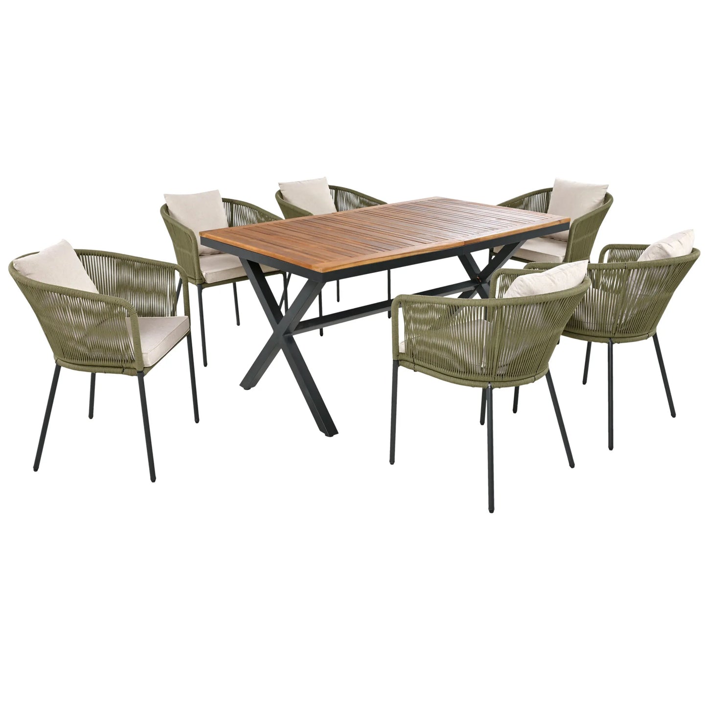 7 Pieces Patio Dining Set All Weather Outdoor Furniture Set with Acacia Wood Tabletop and Metal Frame