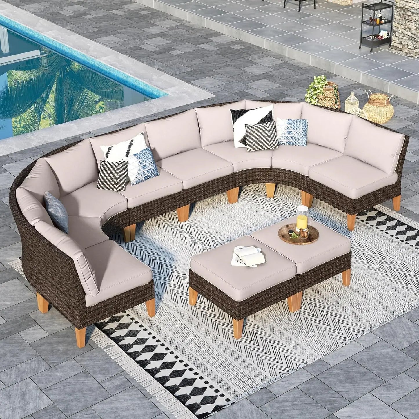 12 Piece Curved Outdoor Sectional Sofa Set Rattan Patio Conversation Set Beige