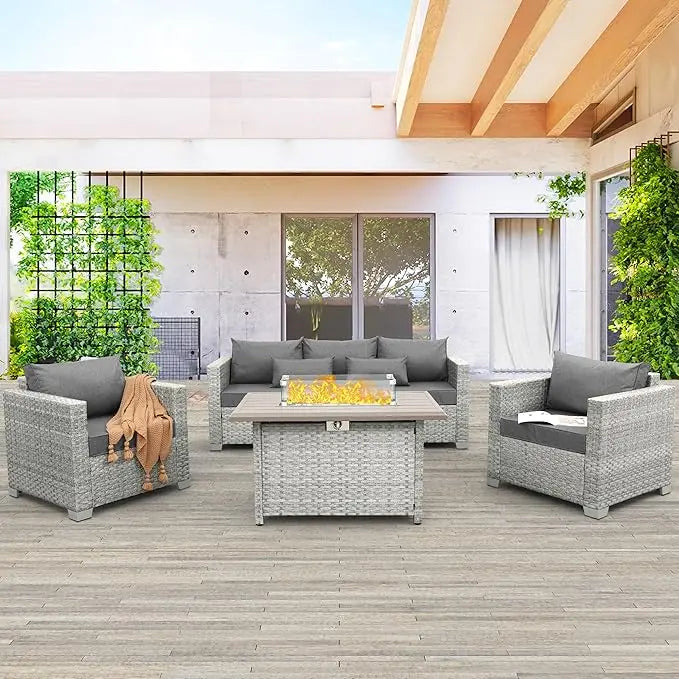 HUANZHUANG Outdoor PE Rattan Wicker Patio Furniture Set 4 Piece Conversation Sofa Chairs