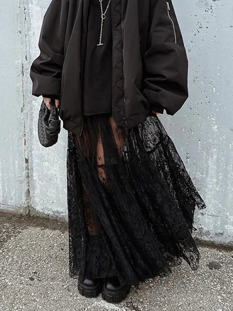 Mueyeruho Women Sexy Maxi Lace Skirt High Waist Flare