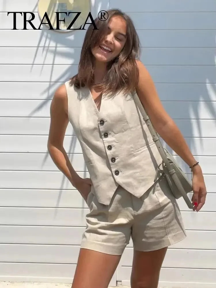 TRAFZA Women Casual Vintage Pant Suit Vest Shorts Set
