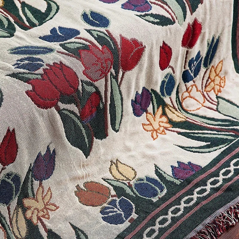 Tulip Flowers Vintage Throw Blanket Sofa Cover Knitted Bedspread Floral European Style Outdoor Camping Travel Cobija