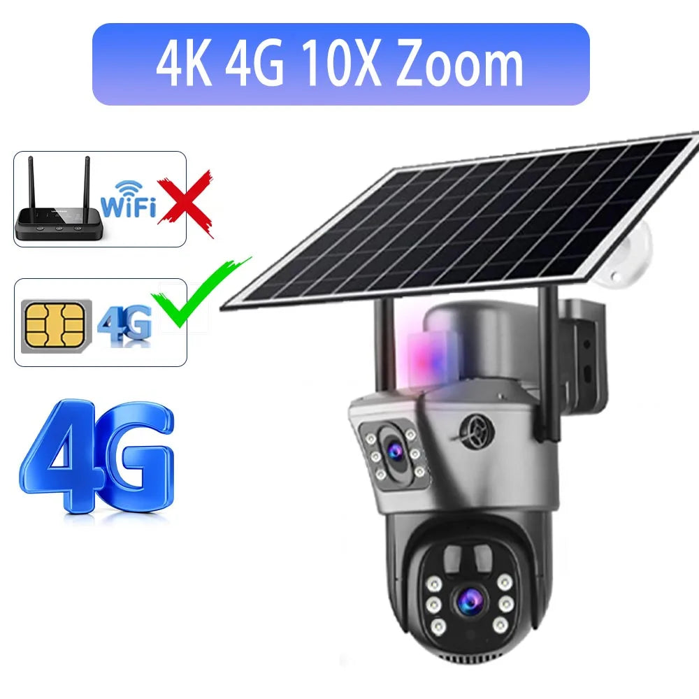 Solar Outdoor Surveillance Camera with 10X Digital Zoom and 4G
