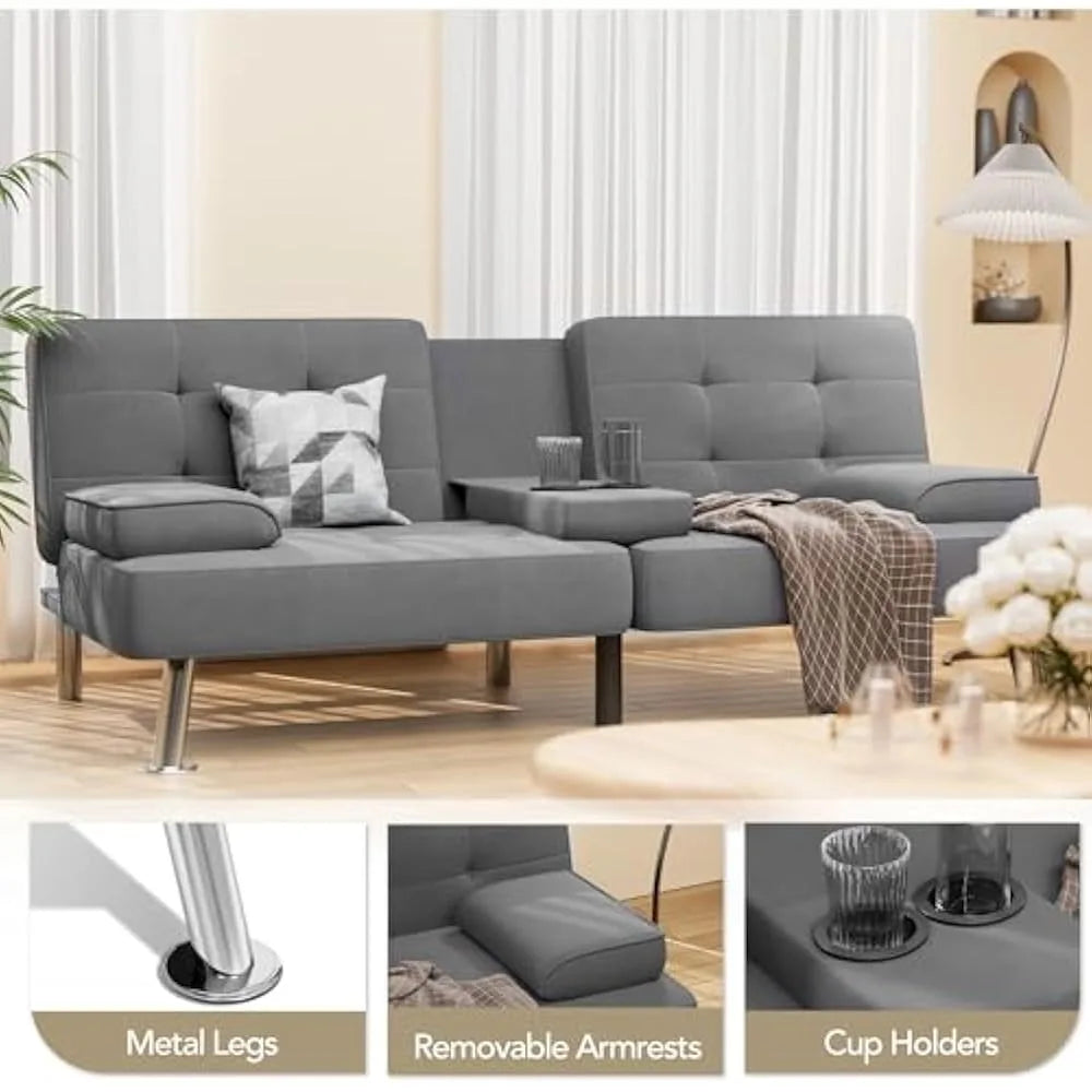 Convertible Sofa Bed with Removable Armrests and Cup Holders