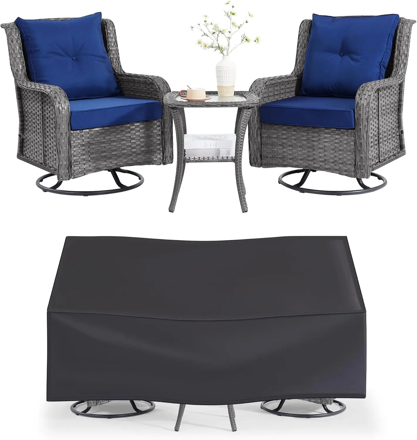 HUANZHUANG Patio 3 Piece Wicker Set With Swivel Chairs