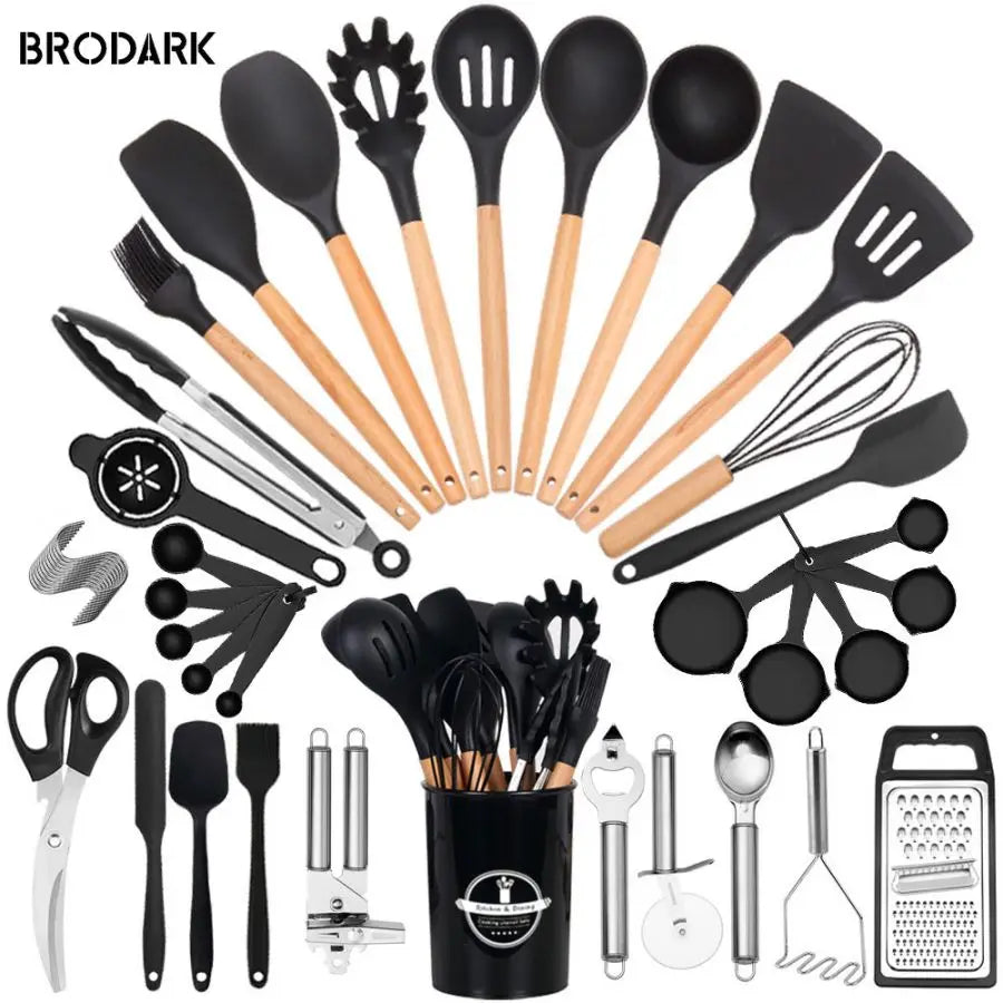 44PCS Premium Silicone Kitchen Utensil Set With Wooden Handles Heat Resistant Non Stick Friendly Cooking Tools