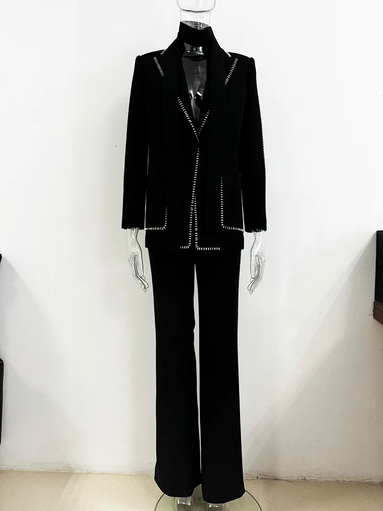 High Street Women's Designer Beaded Blazer Pants Suit Set
