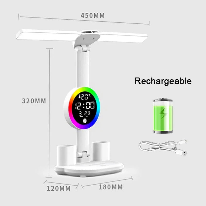 Rechargeable LED Table Lamp with Clock and Fan Features