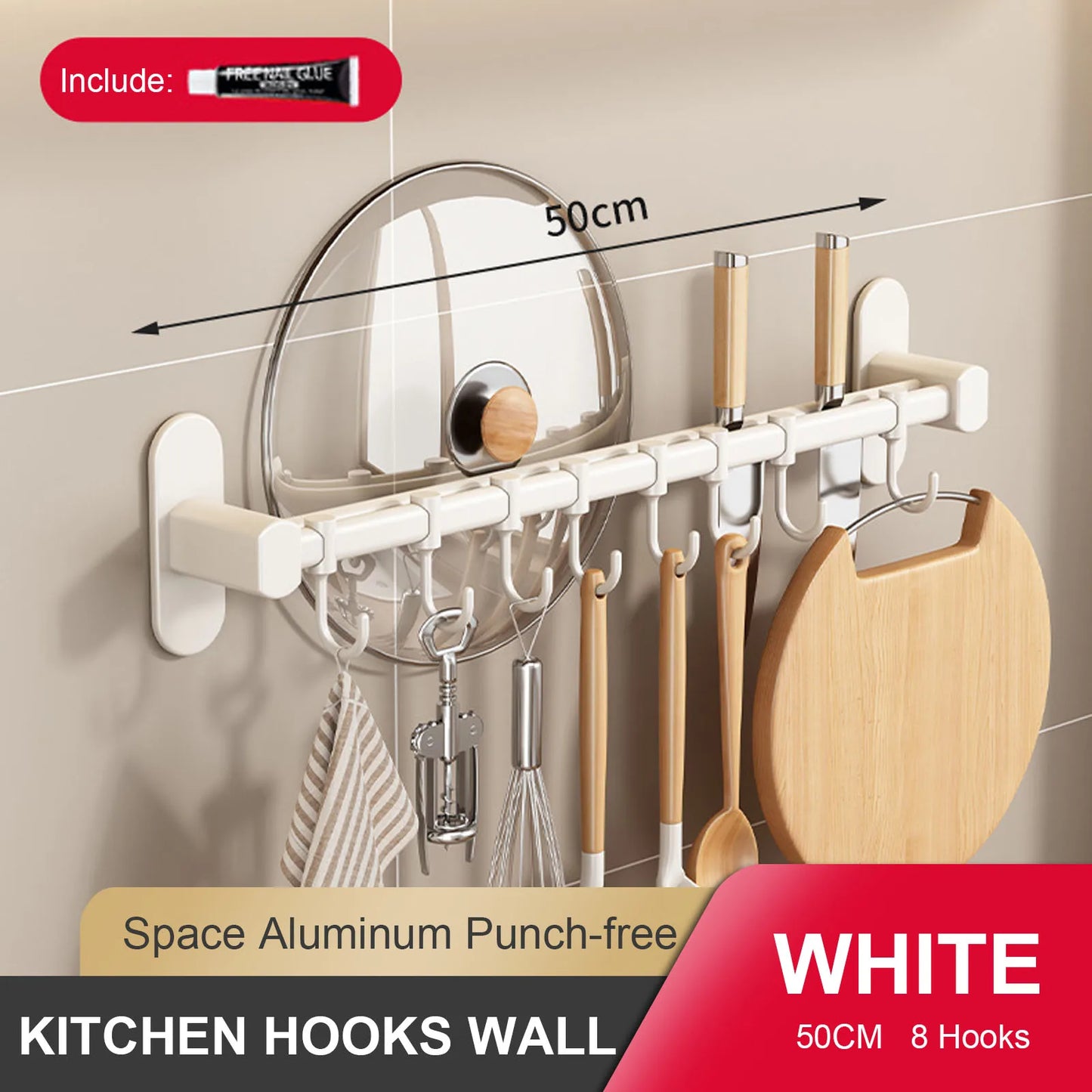 RUITHOEC Wall Mounted Kitchen Hook Rack No Punching Rail
