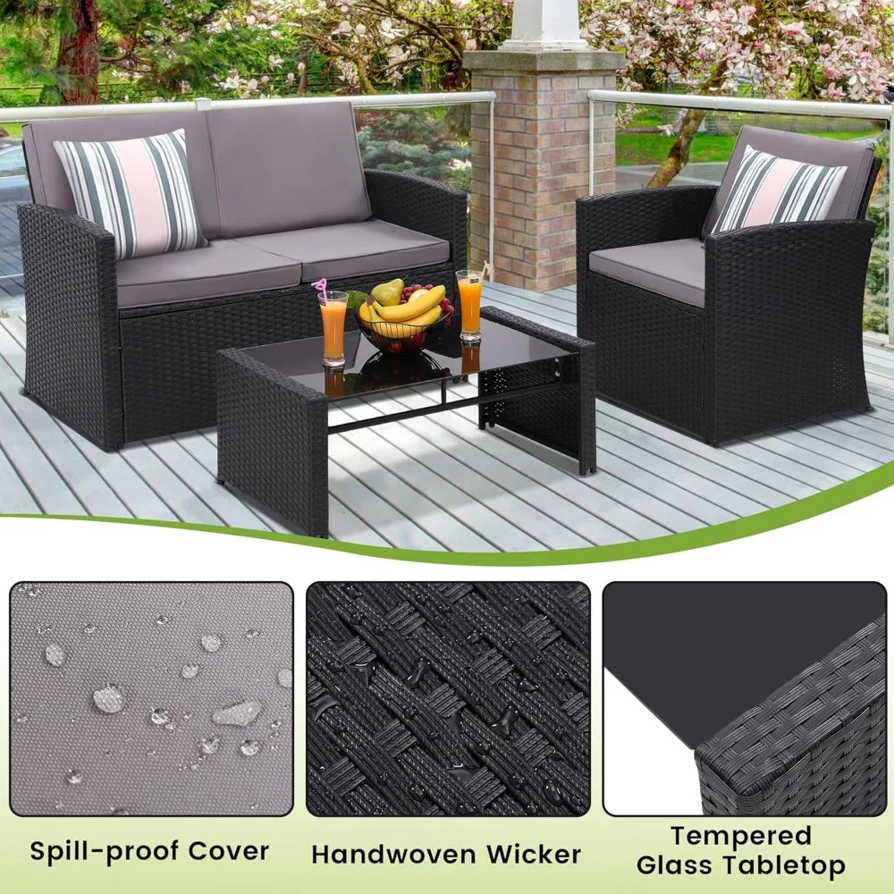 4 Piece Patio Conversation Set with Sofa Two Chairs and Coffee Table for Porch Deck Outdoor Wicker Sectional Furniture
