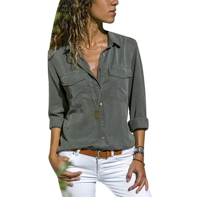CYWANGCANCANCN Womens V Neck Long Sleeve Shirt With Pockets
