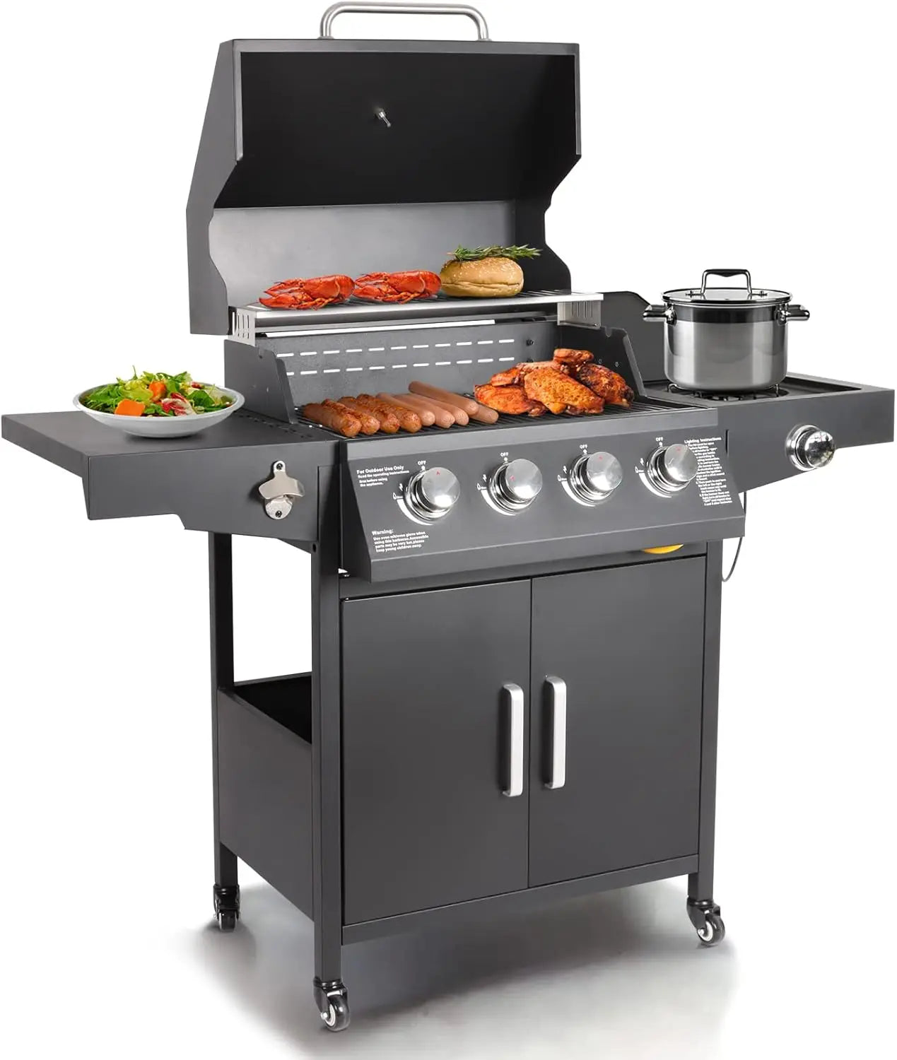 Stainless Steel Propane Gas Grill With Side Burner For Outdoor Cooking