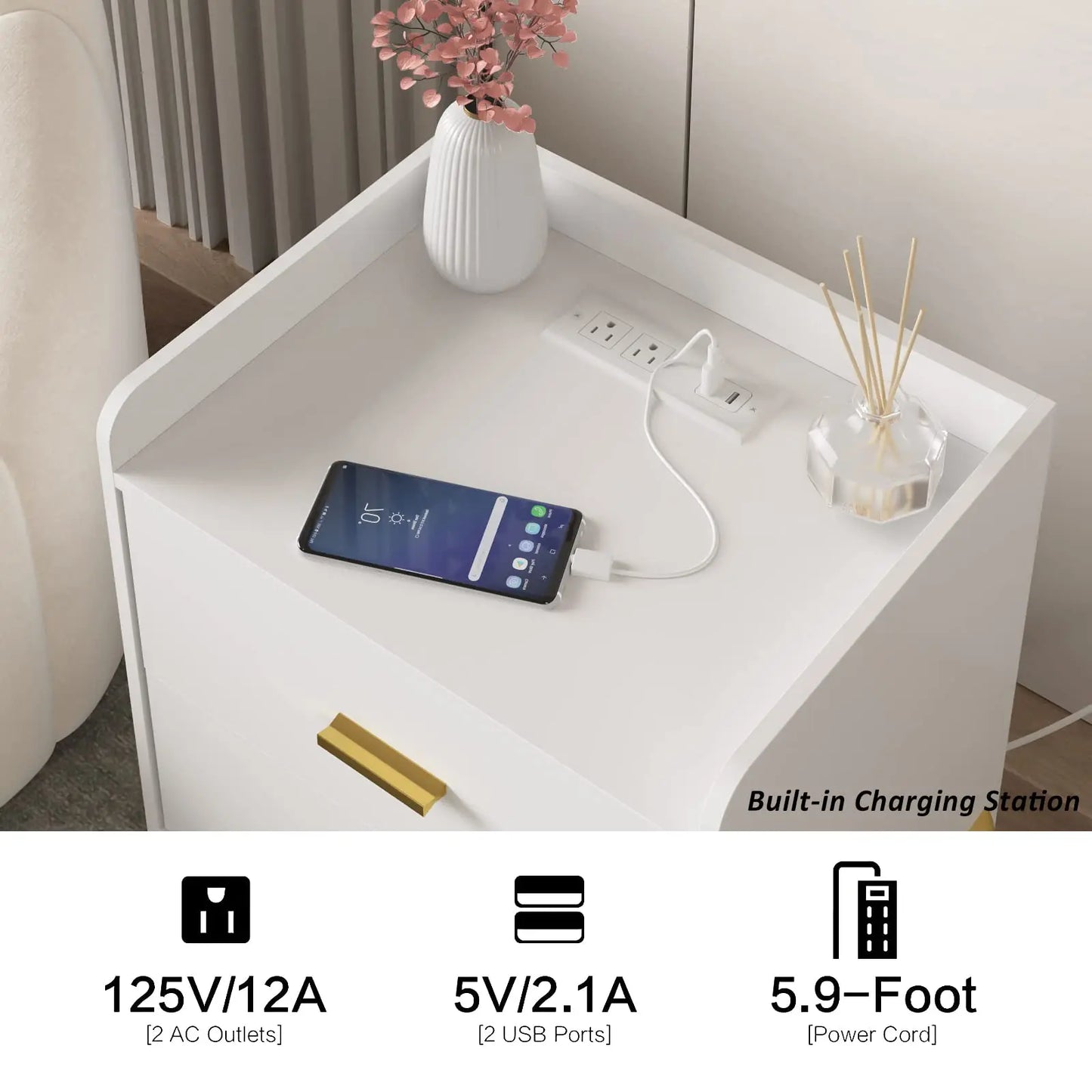Vabches Nightstand Set Of 2 With Charging Station Drawers