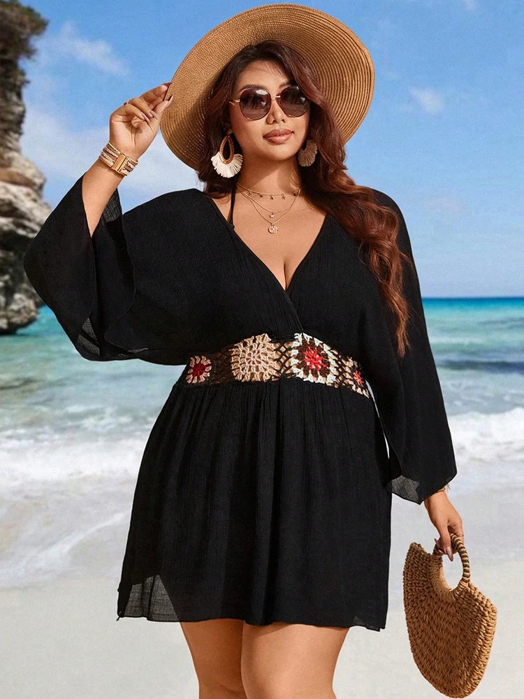 Bohemian Crochet Black Cover Up Mini Dress for Beachwear