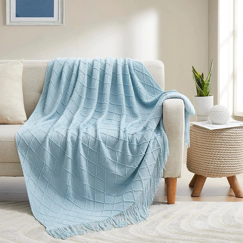 Nordic Textured Knitted Blanket Blue Throw Blanket with Tassels for Sofa and Bed Decor