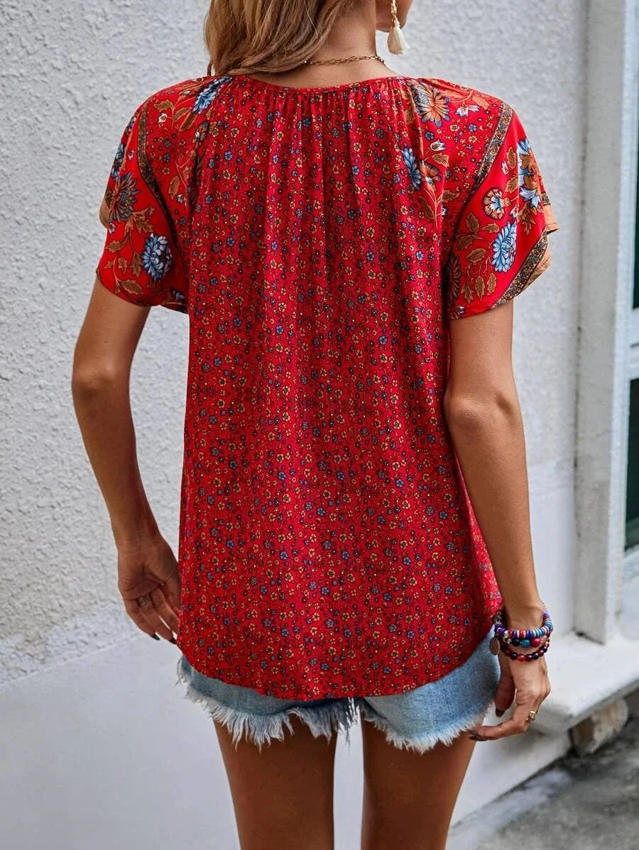 HEYTOAICN Summer Floral Blouses Women V Neck Short Sleeve