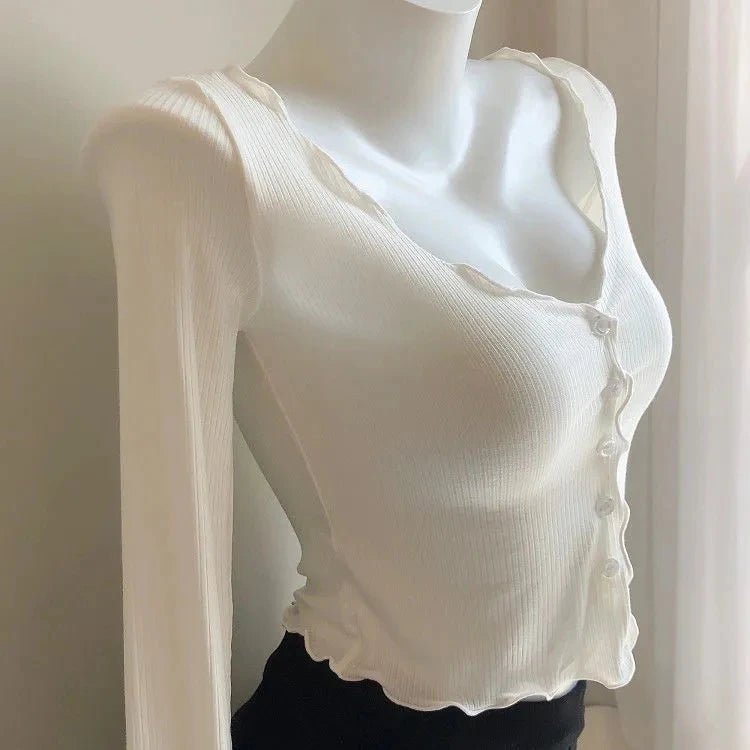 JOEVILUCN Slim Knit Shirt Crop Top Cardigan V Neck Ladies