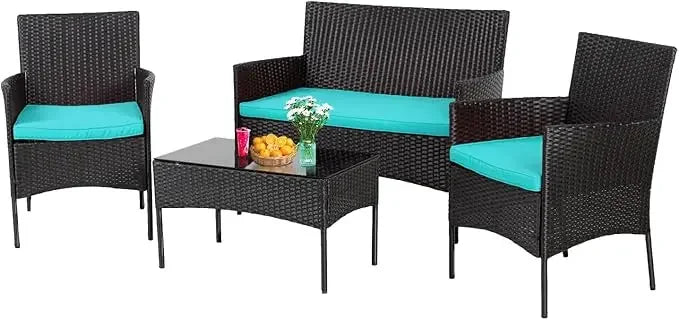 4 Piece Outdoor Wicker Patio Conversation Furniture Set with Coffee Table and Seat Cushions