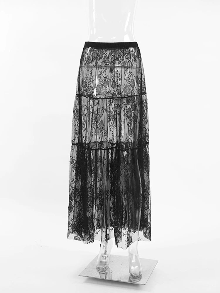 Mueyeruho Women Sexy Maxi Lace Skirt High Waist Flare
